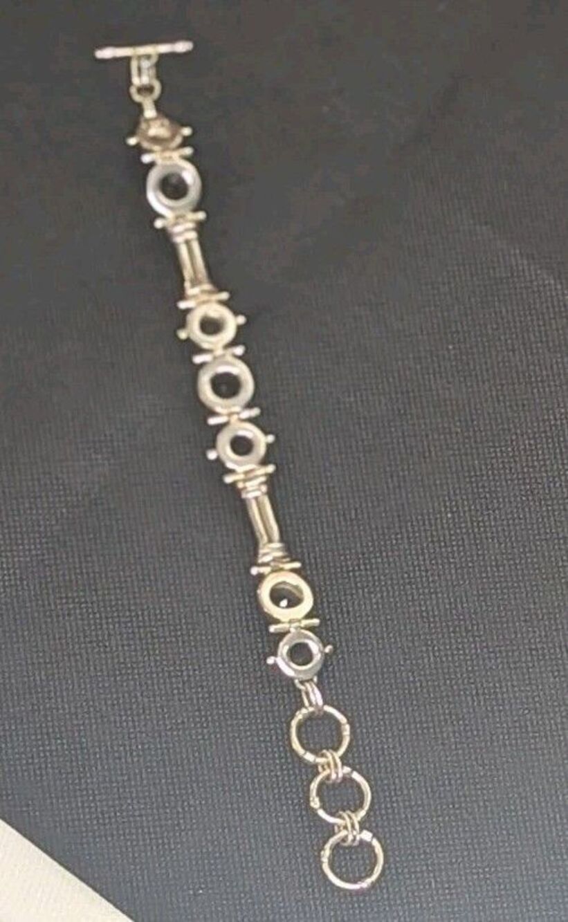 Sterling Silver & Black Spinel Round Checkerboard Toggle Bracelet, Adjustable - Picture 4 of 5